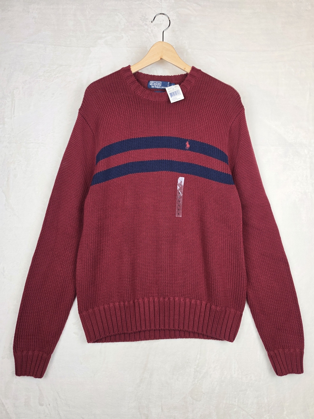 Polo Ralph Lauren Mens L Ruby Red Navy Striped Cotton Crewneck Sweater‎ NWT